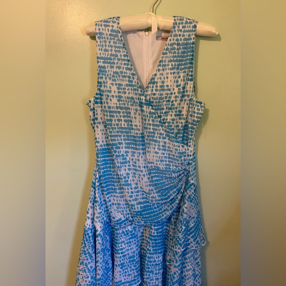 Luxury Carmen Mark Valvo blue and white layered wrap dress.